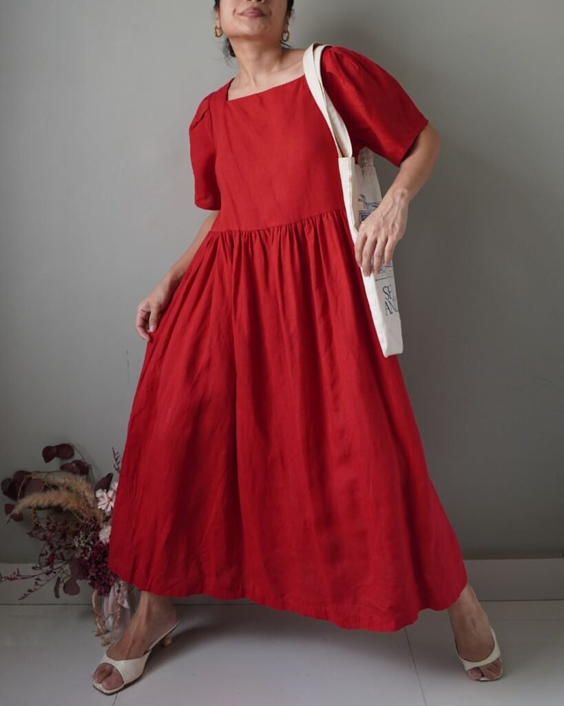 Quality is outstanding, vibrant solid red linen birthday dress / flea market dress / take anywhere dress