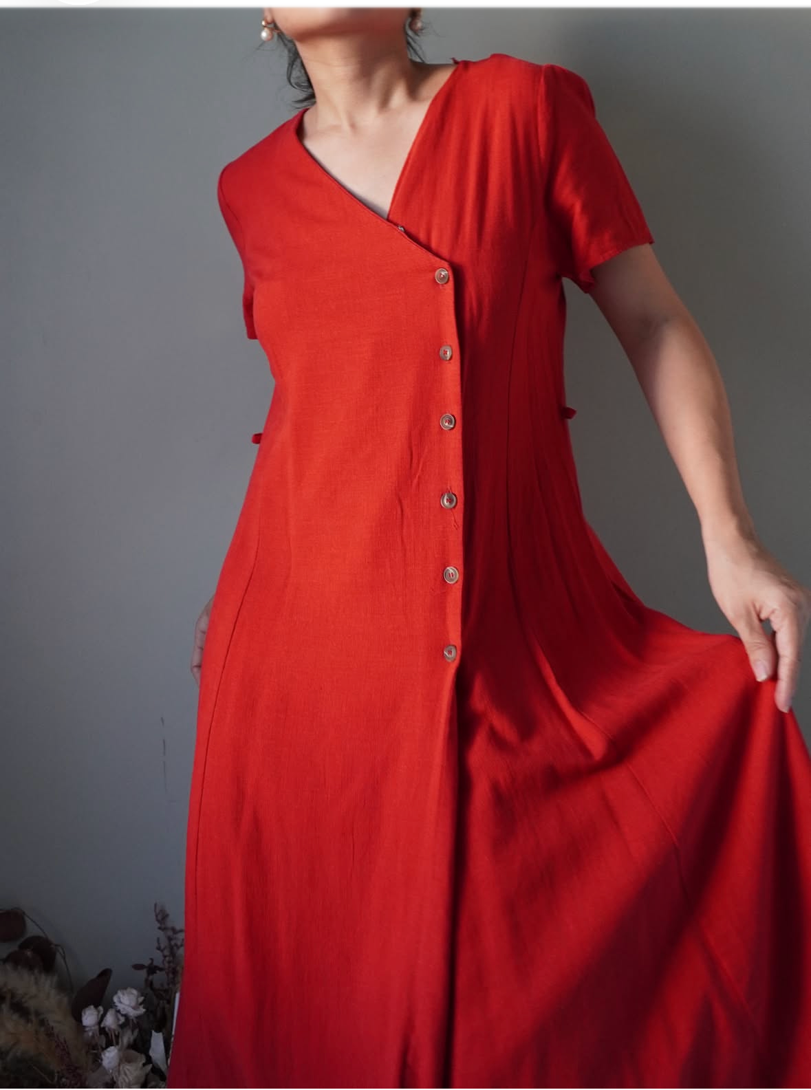 Solid and vibrant candy red side button down dress - Image 1