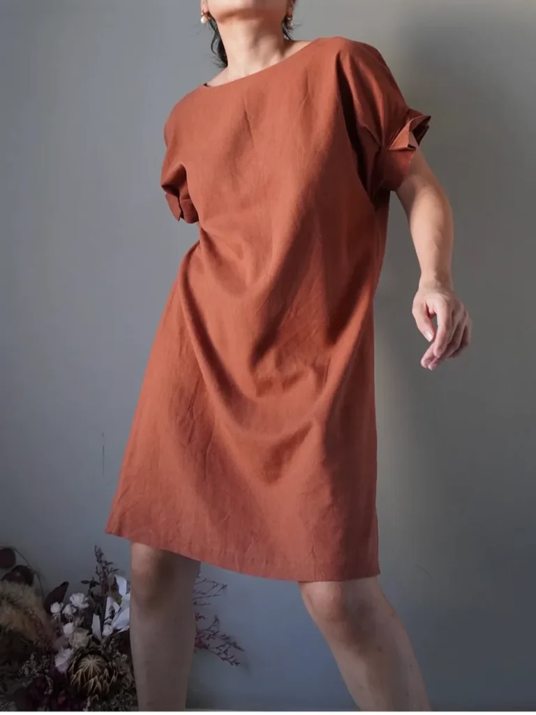 Rust casual linen dress with folded sleeve details