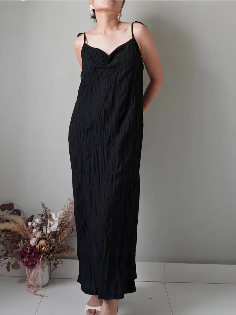 Textured black slip-on dress with self tie straps