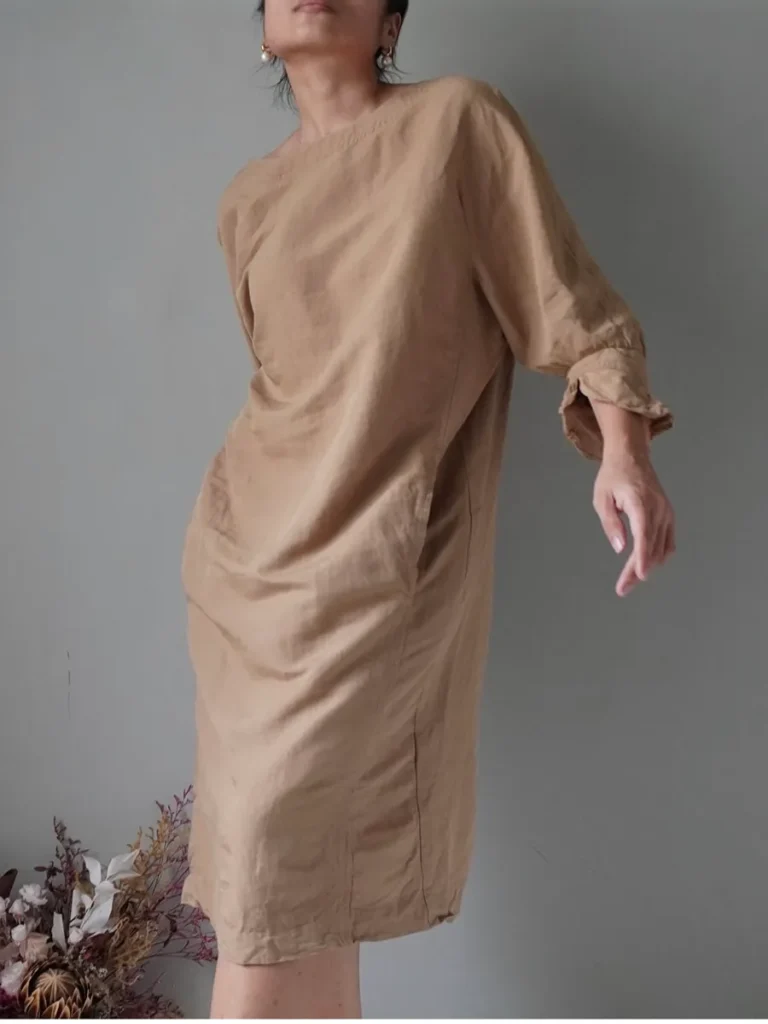 Camel brown casual cotton blend dress with quarter sleeves and side pockets