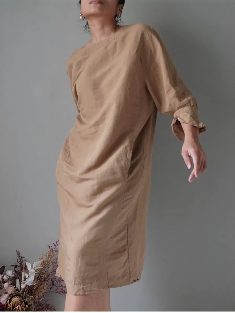 Camel brown casual cotton blend dress with quarter sleeves and side pockets - Image 1
