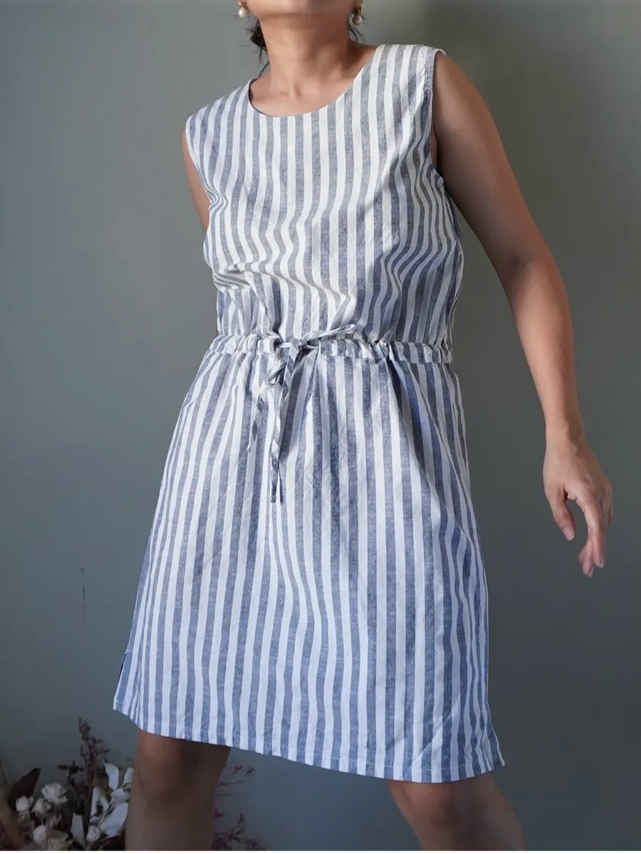 Easy casual wear, striped pattern cotton linen short dress with drawstring at waist - Image 1