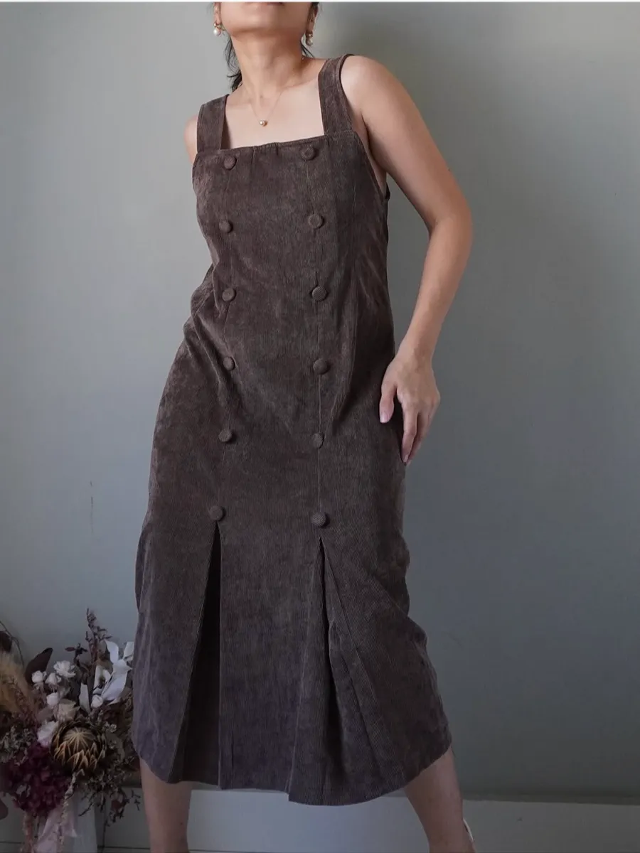 Chocolate brown corduroy dress with double breasted details - Image 1