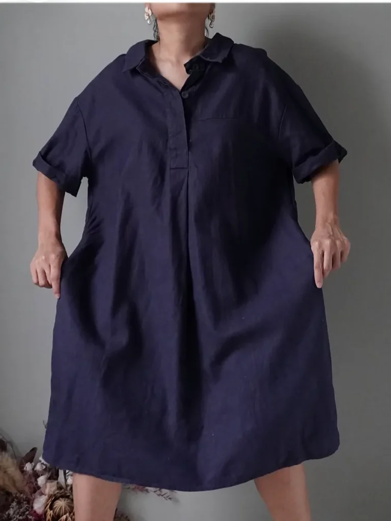 Thick linen fabric, midnight blue oversized dress with pockets