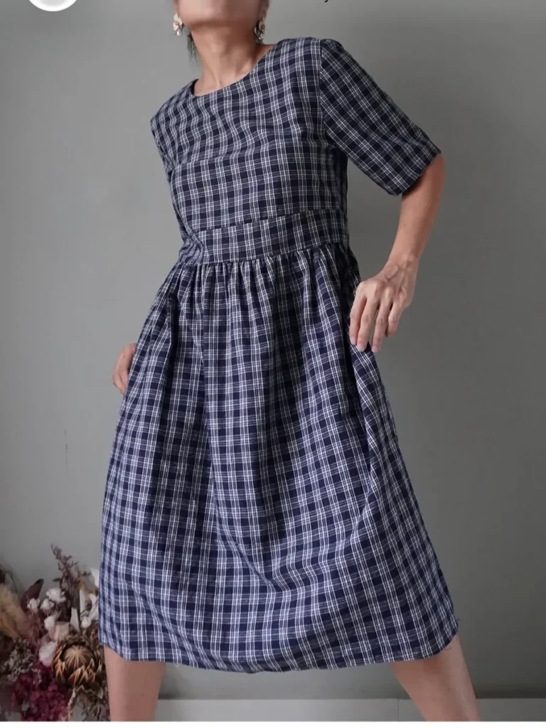 Country plaid linen dress with lovely self tie ribbons at the back
