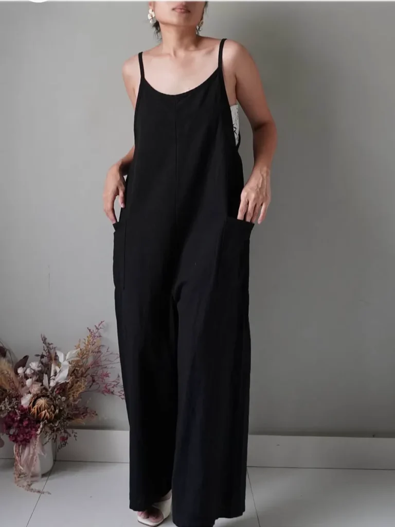Classic basic black linen overalls with pockets