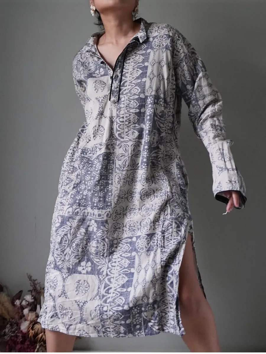 Cozy patterned blue dress with long sleeves and pockets - Image 1