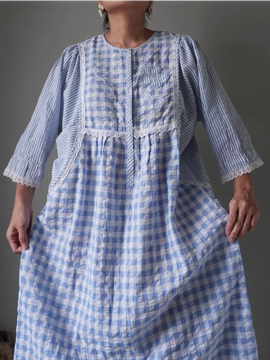 powder blue gingham and stripe blended pattern dress with texture and lace accents - Image 1
