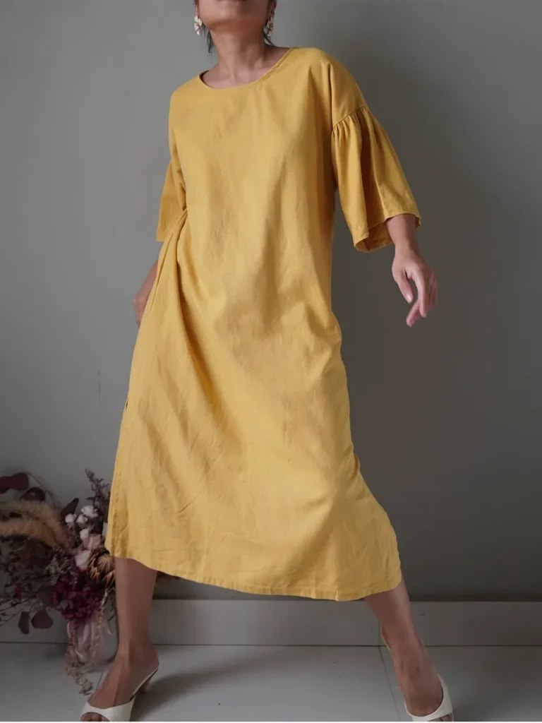 Mustard linen dress with bell sleeves