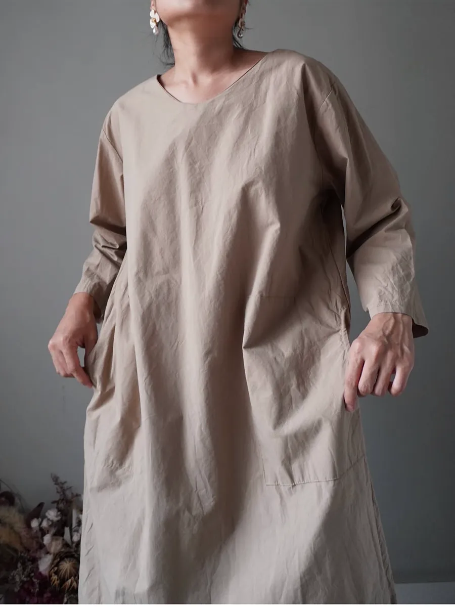 Basic camel brown crisp dress with pockets and pockets - Image 1