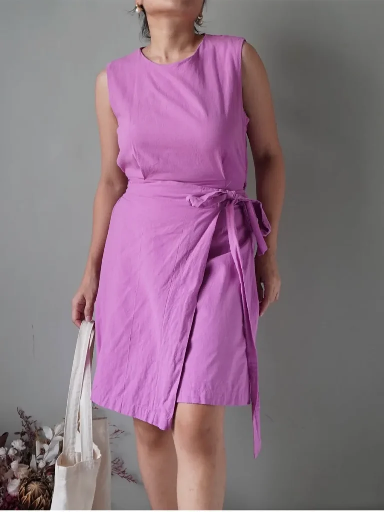 Whimsy purplish orchid linen wrap dress with buttons at the back