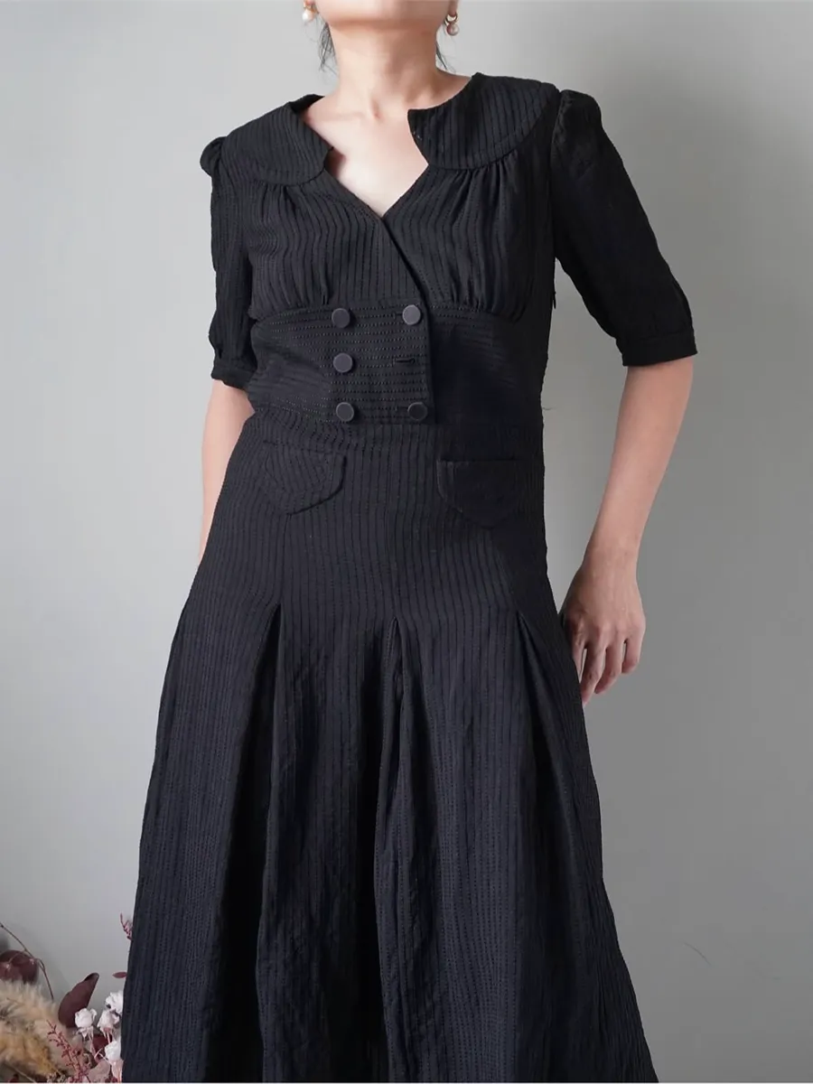 Modest 80’s inspired black double breasted embossed dress - Image 1