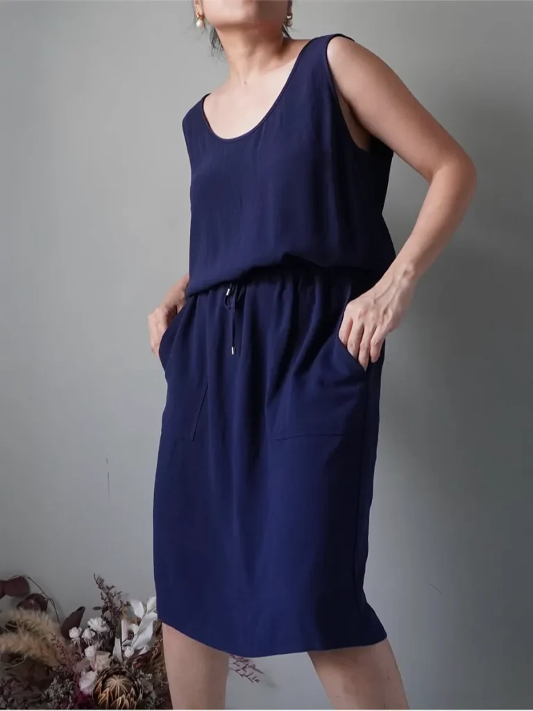 Casual deep blue dress with waist drawstring and side pockets