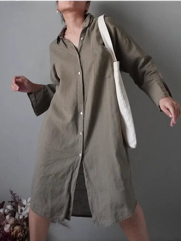 Army green relaxed button down cotton linen dress with long sleeves