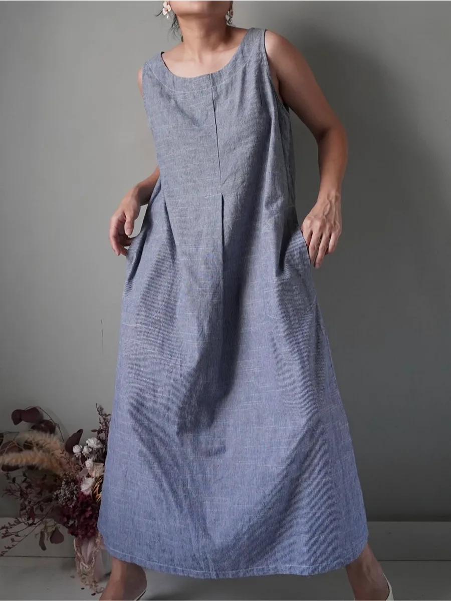 Pin stripe pattern steel blue linen blend dress with side pockets - Image 1