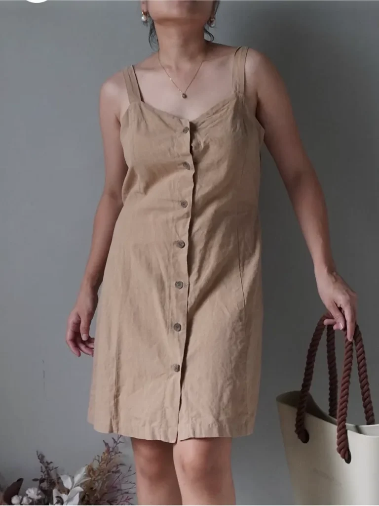 Khaki brown button down dress with a self tie ribbon