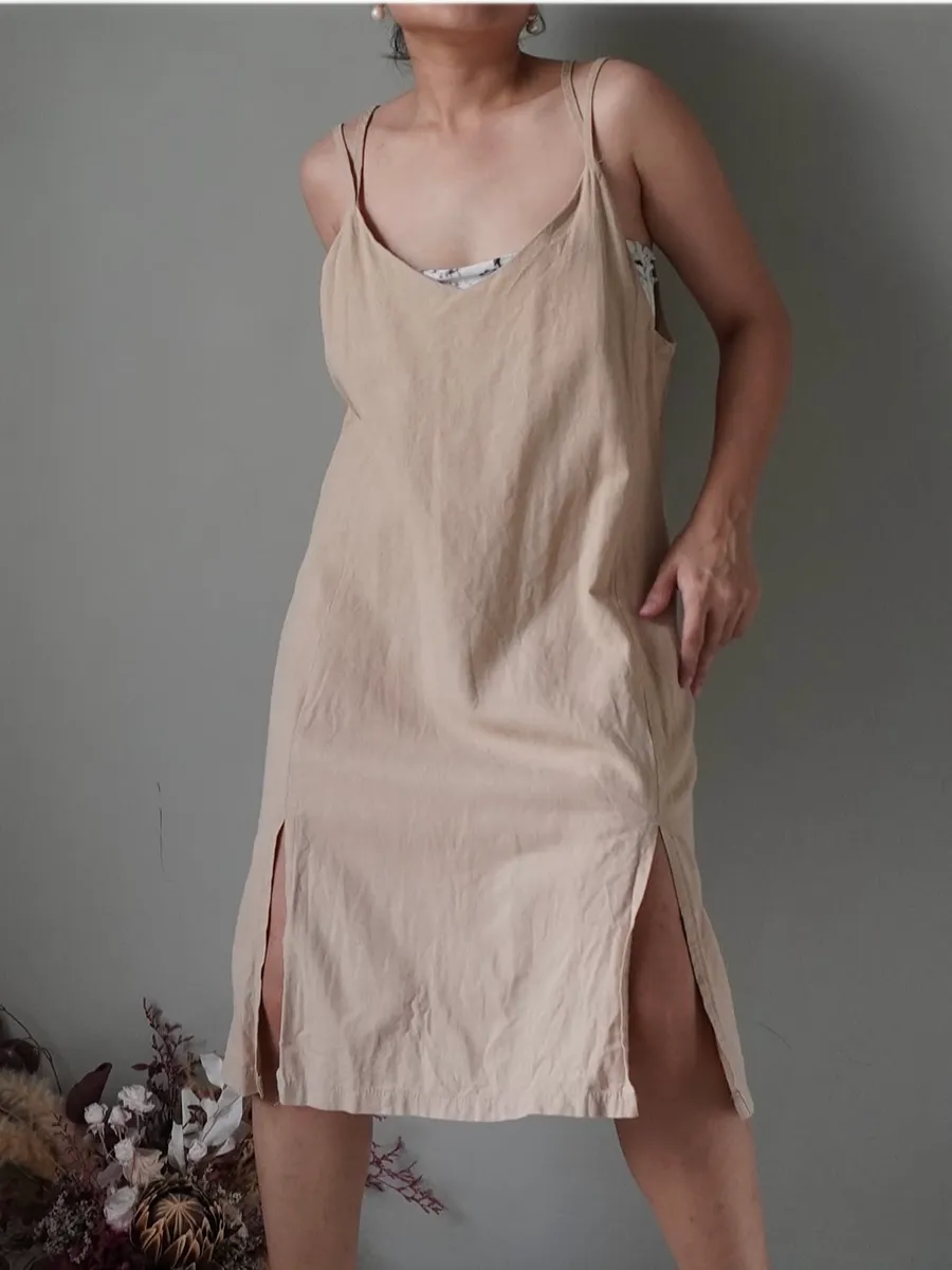 Beige double breasted slip on dress, crisscross back - Image 1
