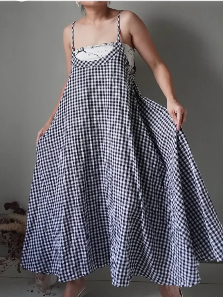 Space blue gingham pattern linen a-line dress