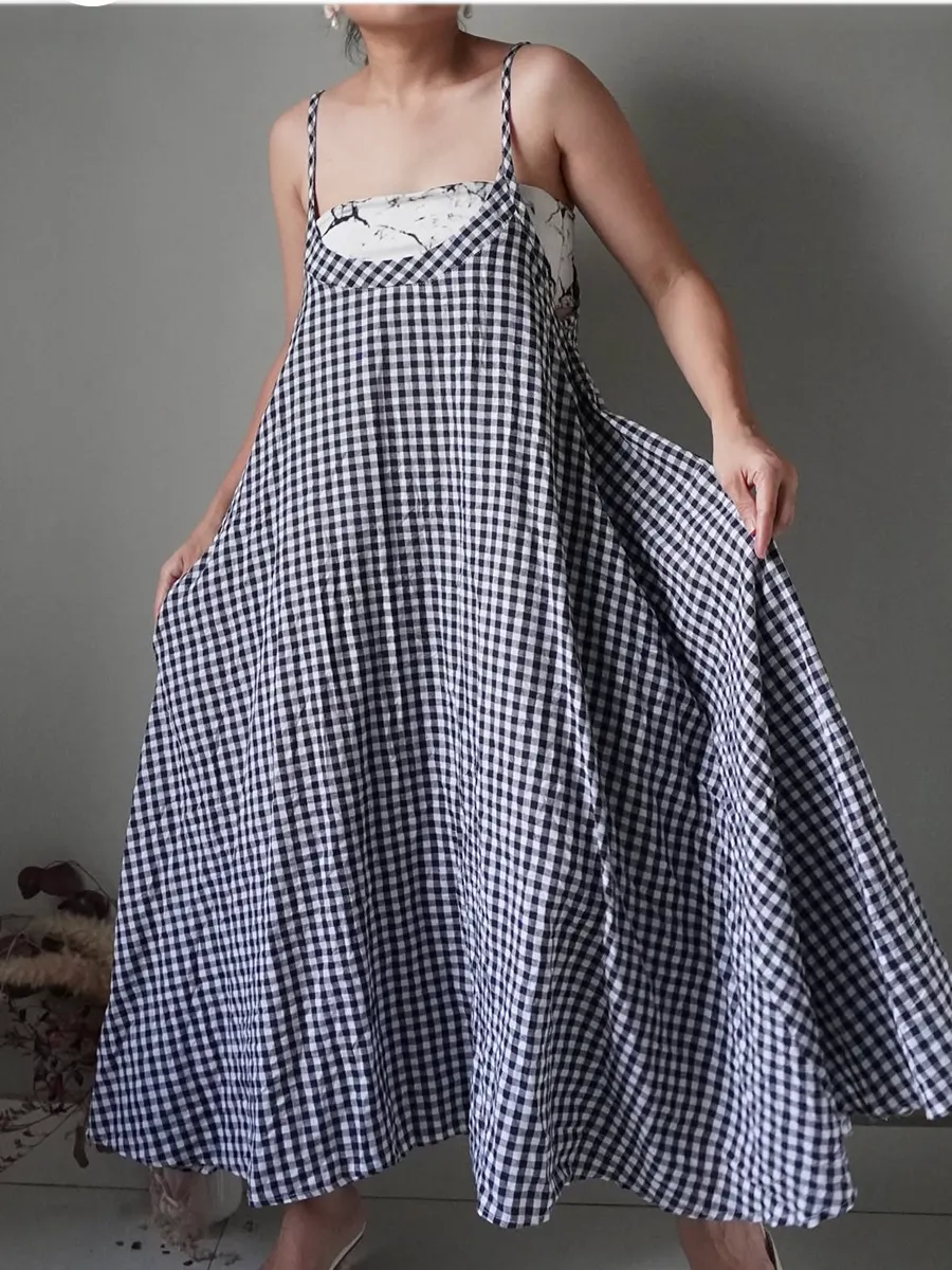 Space blue gingham pattern linen a-line dress - Image 1