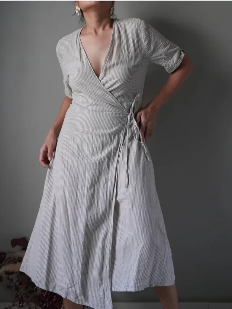 Soft gray striped pattern linen wrap dress