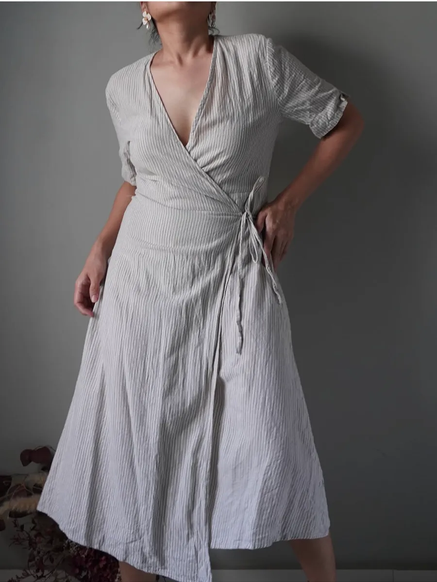 Soft gray striped pattern linen wrap dress - Image 1