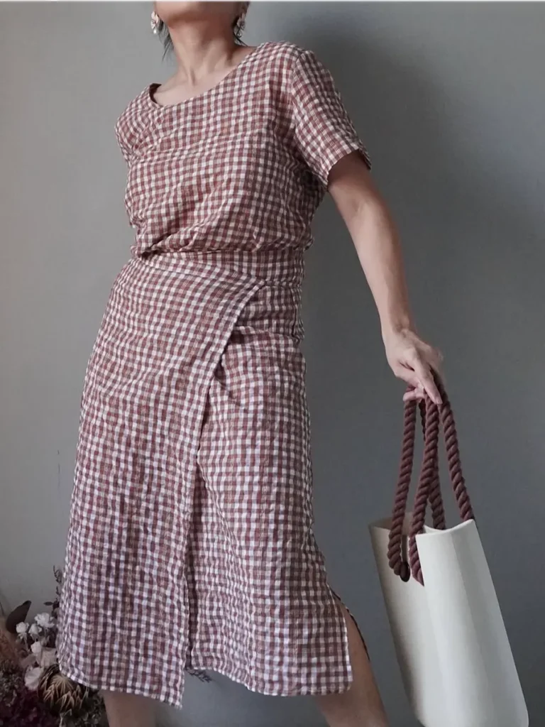 Chocolate brown plaid wrap dress with texture