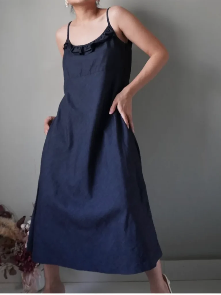 Timeless and chic deep blue high-quality linen slip on dress with ruffle accents at neckline