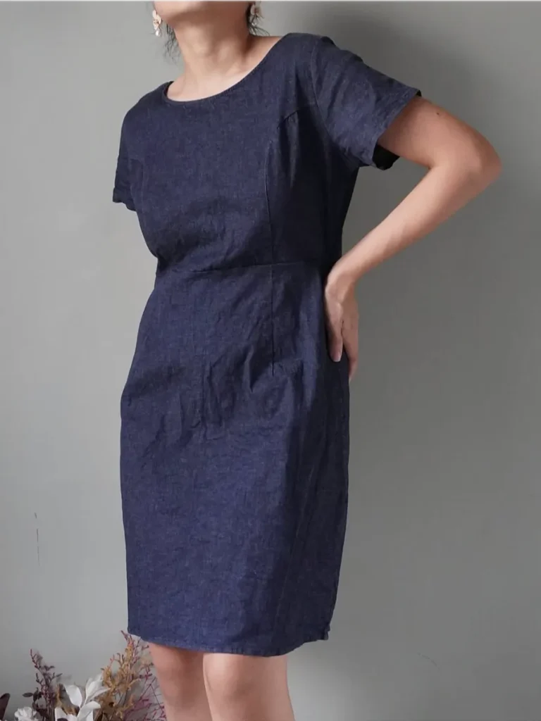 Casual deep blue cotton linen blend dress with zipper at the back