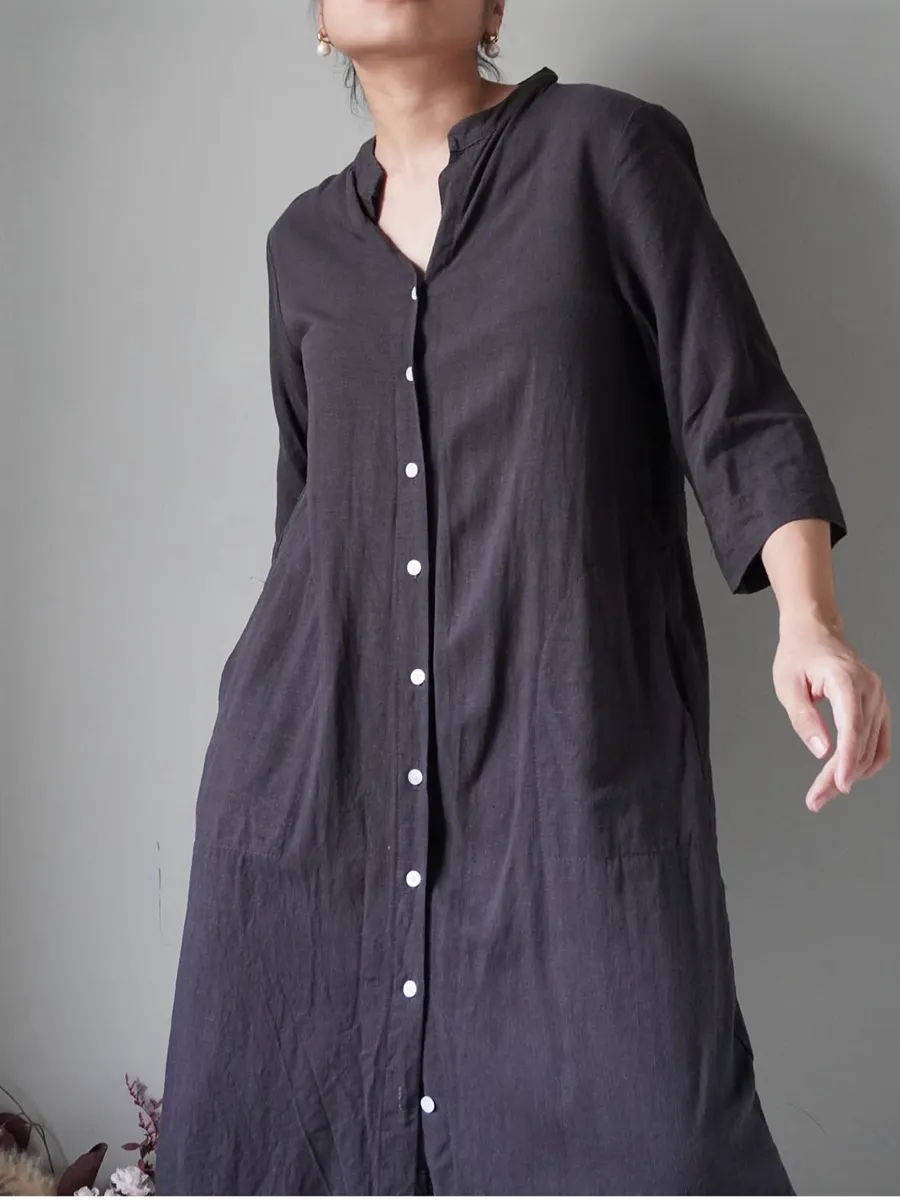 Pebble gray button down cotton dress with pockets - Image 1
