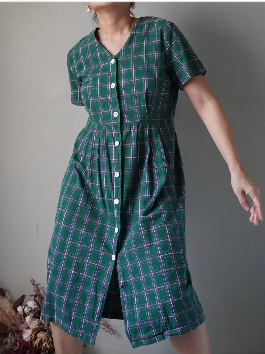 Plaid pattern button down linen dress, kindly see flaw - Image 1