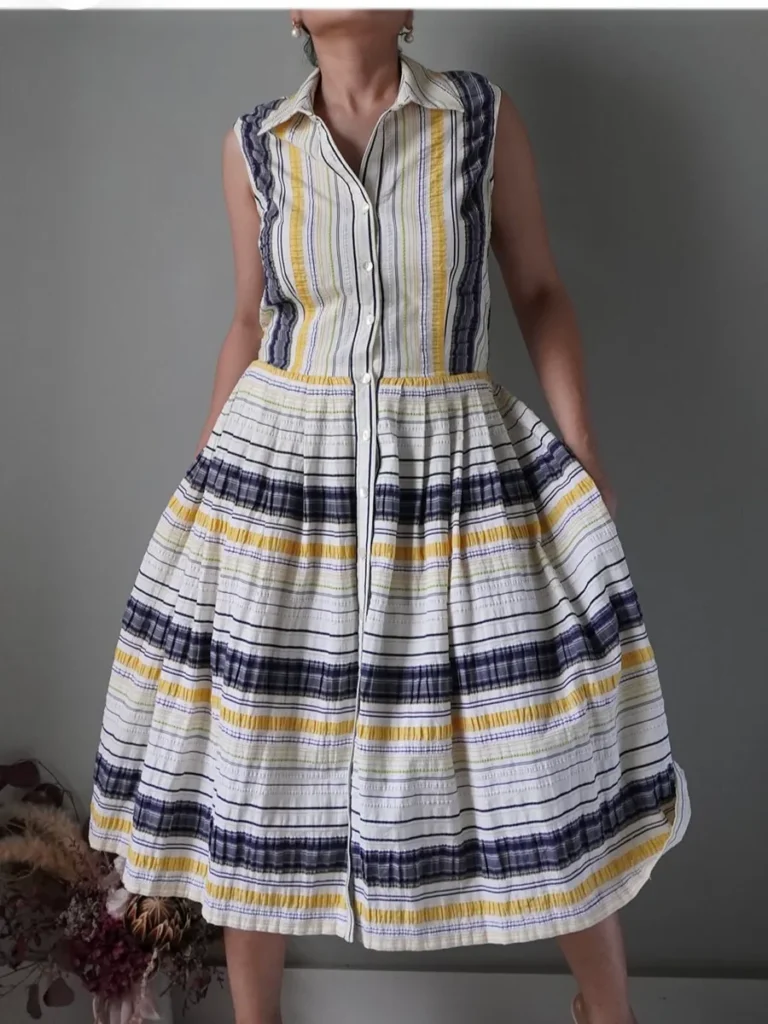 Detailed with thread-work texture multi stripe pattern button down dress with side pockets