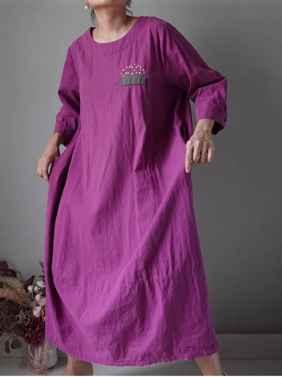 Plum linen dress with cottage-core floral embroidery and pockets - Image 1