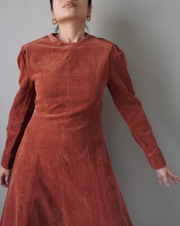 Something very timeless, rust cozy and modest corduroy dress with long sleeves and back zipper - Image 3