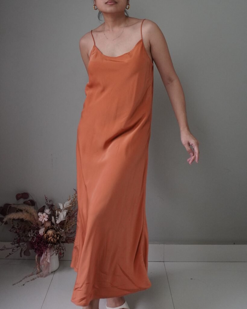 Muted pumpkin satin slip on dress, classic, chic, carefree all together