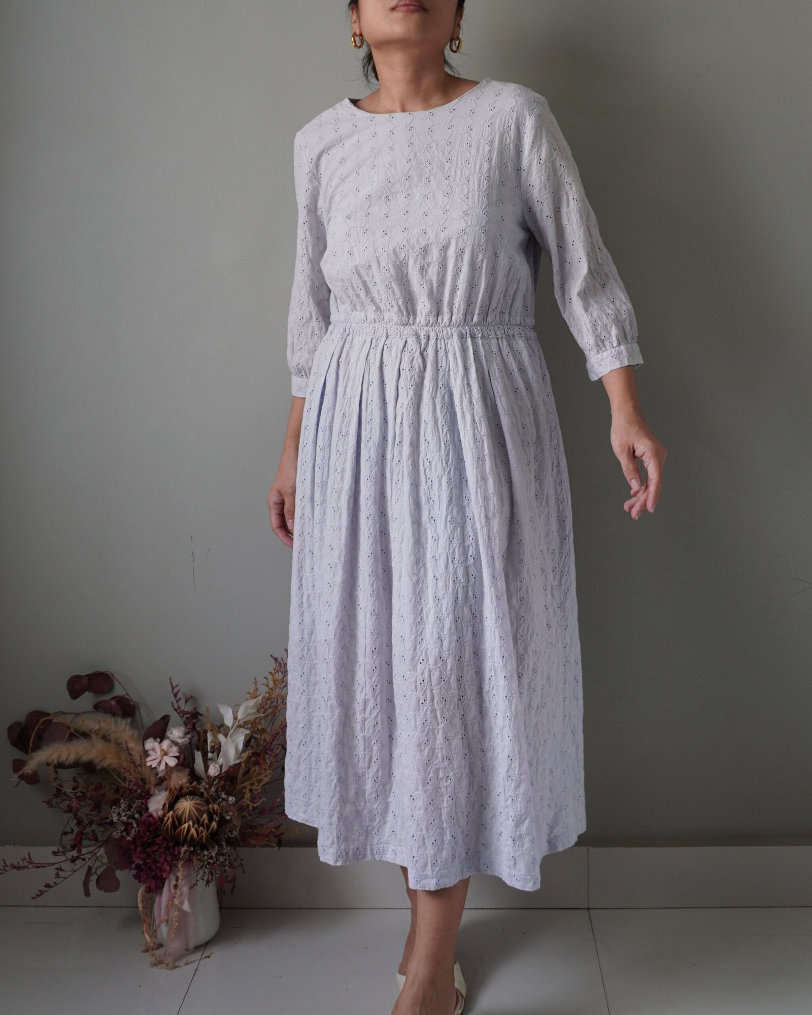 Powder blue dainty eyelet dress with quarter sleeves, waist is stretchable - Image 1