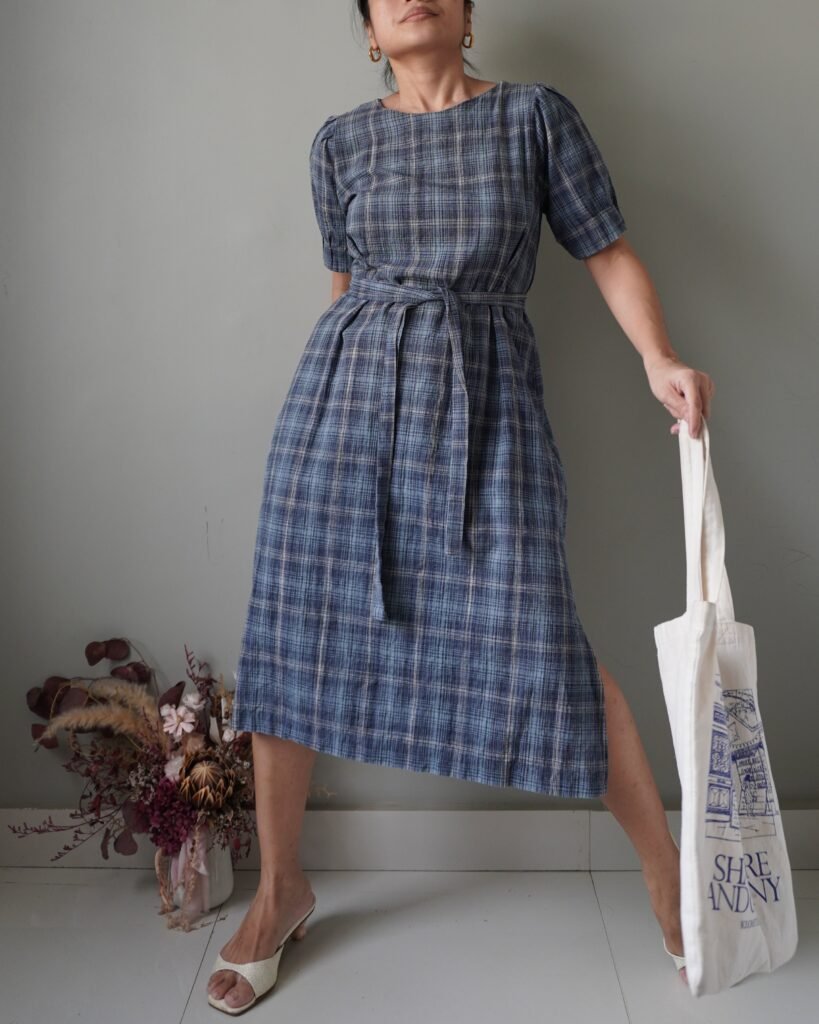 High-quality plaid linen countryside dress with a belt