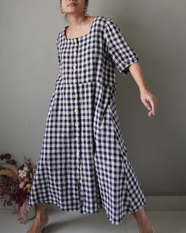 Deep blue gingham button down linen dress - Image 1