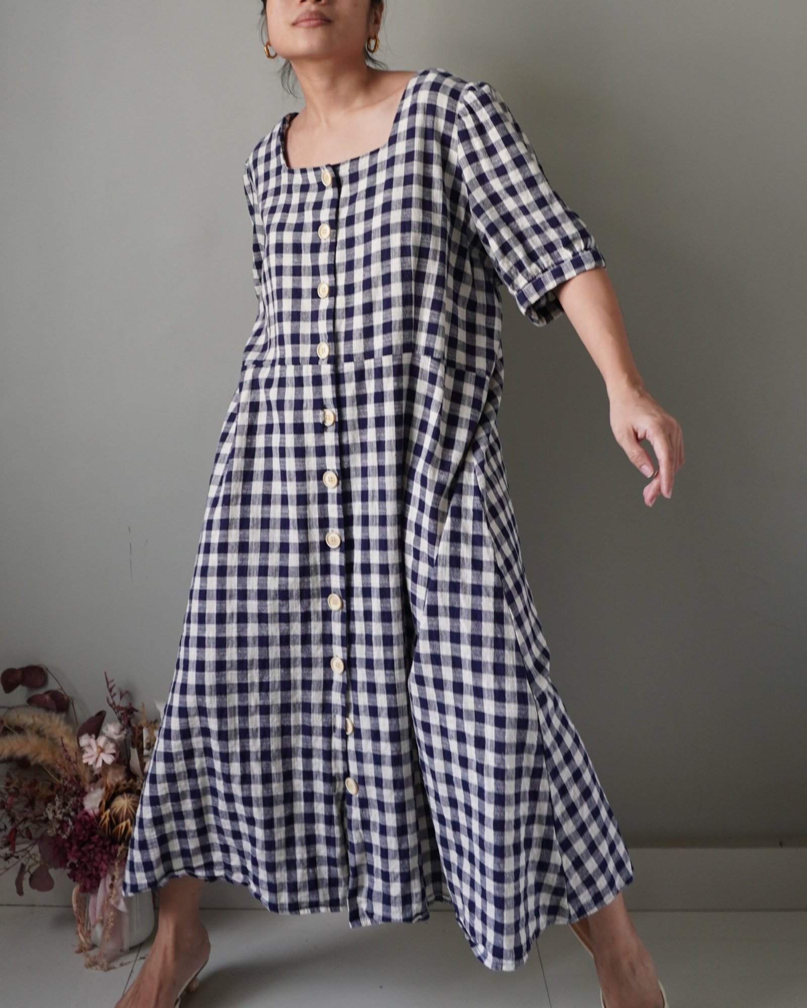 Deep blue gingham button down linen dress - Image 1