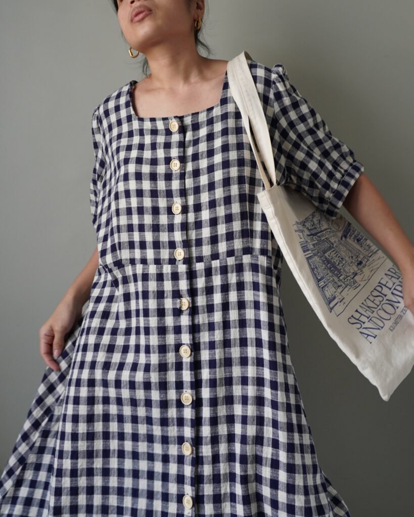 Deep blue gingham button down linen dress