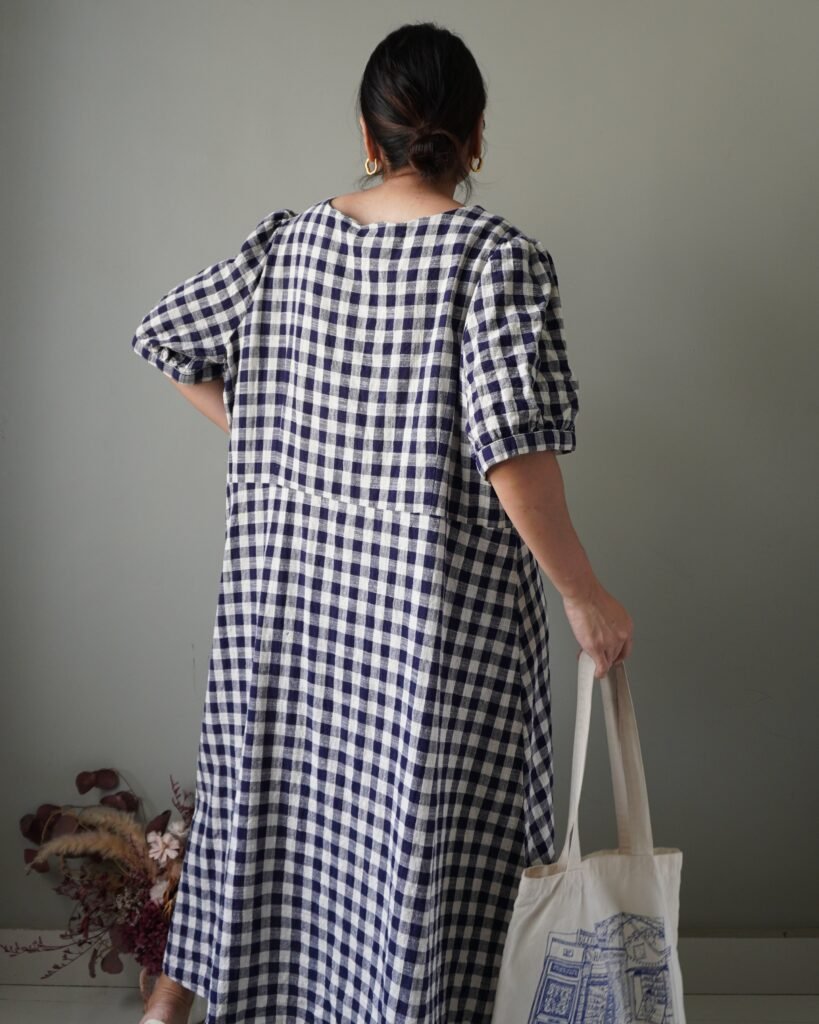 Deep blue gingham button down linen dress