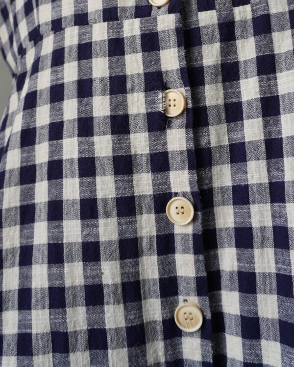 Deep blue gingham button down linen dress - Image 4