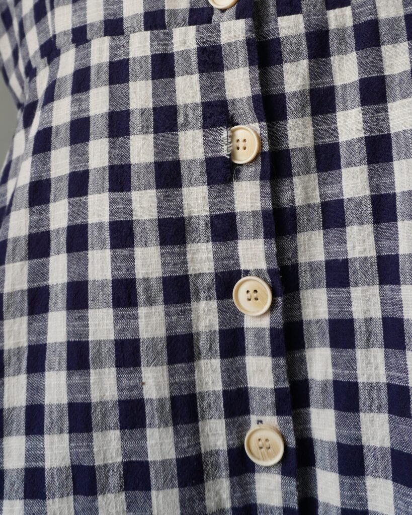 Deep blue gingham button down linen dress