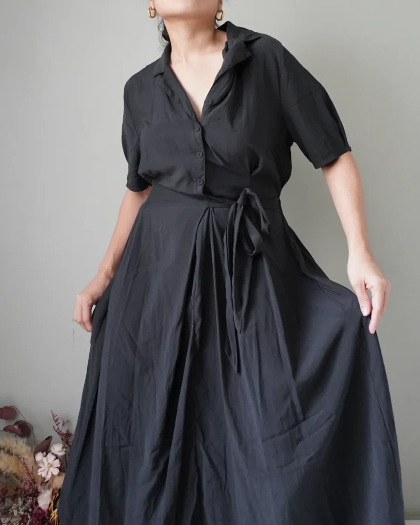 deep charcoal cotton dress, waist is stretchable and has a side ribbon