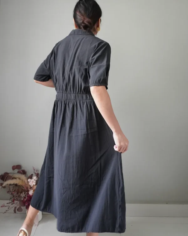 deep charcoal cotton dress, waist is stretchable and has a side ribbon - Image 3