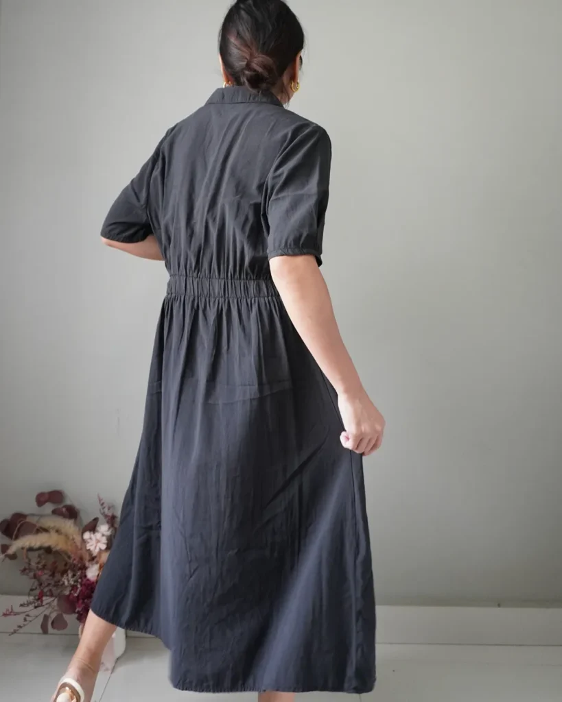 deep charcoal cotton dress, waist is stretchable and has a side ribbon