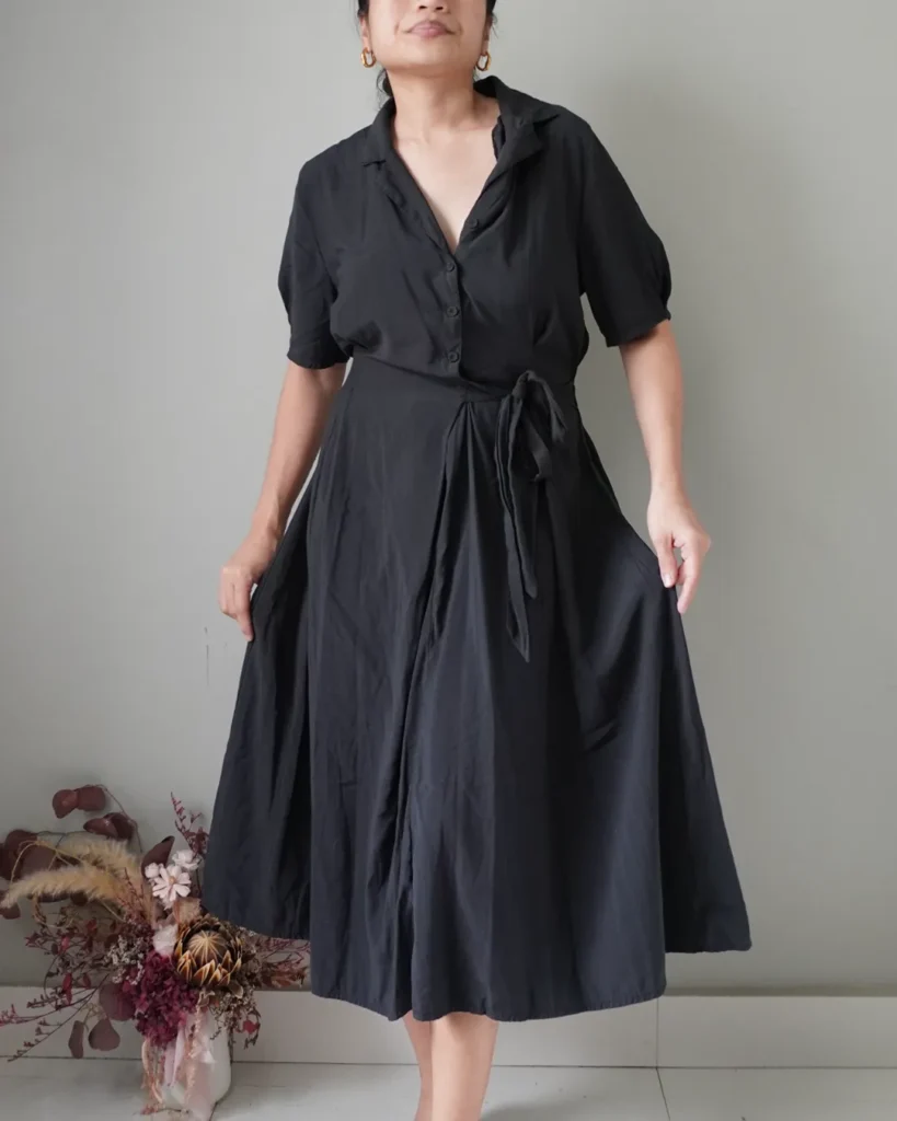 deep charcoal cotton dress, waist is stretchable and has a side ribbon