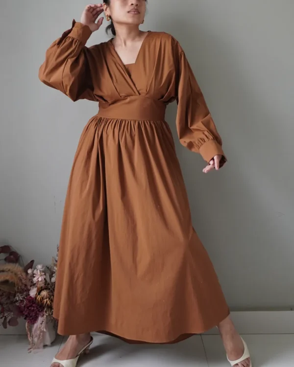 Burnt orange / copper beautiful fitted bodice dress with long sleeves, voluptuous waist down - Image 2