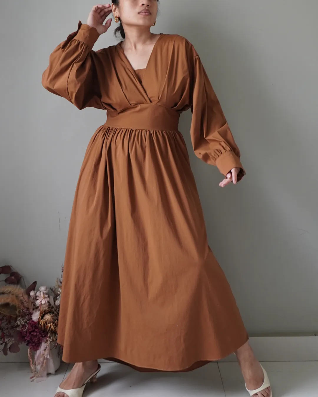 Burnt orange / copper beautiful fitted bodice dress with long sleeves, voluptuous waist down - Image 2