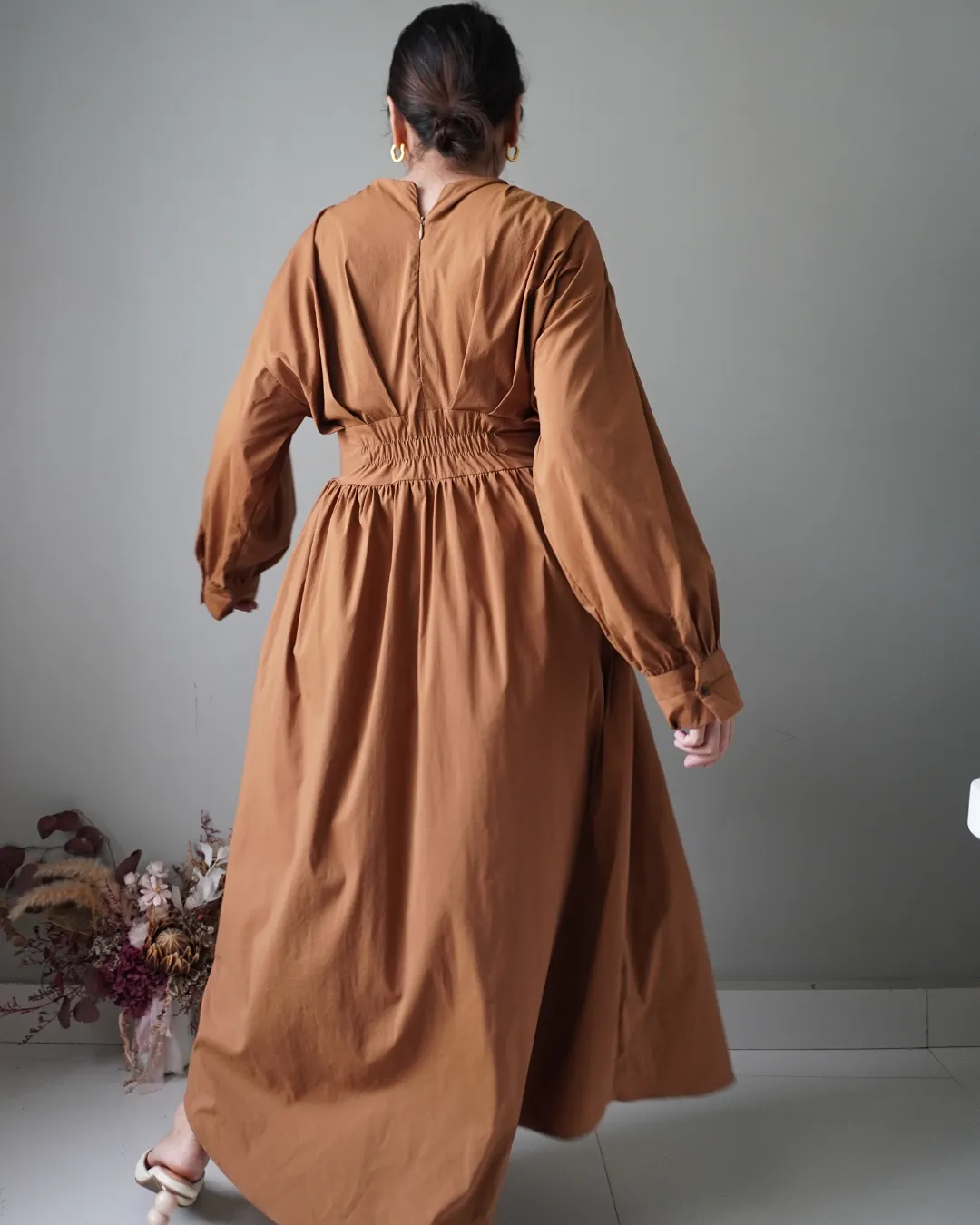 Burnt orange / copper beautiful fitted bodice dress with long sleeves, voluptuous waist down - Image 3